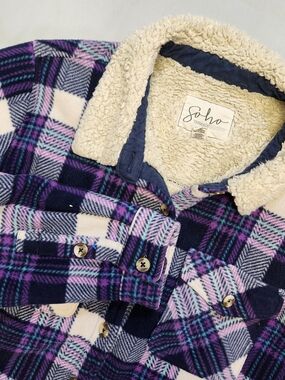 Soho Threads Sherpa Lined Shacket Button Front Sz Large Fleece Purple Plaid Fall